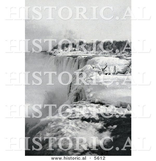 Historical Photo of Snow Along the Top of American Falls, Niagara Falls, in Winter, New York - Black and White Version
