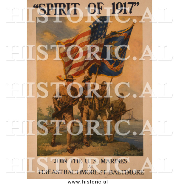 Historical Photo of Soldiers with Flags, Spirit of 1917 - Vintage Military War Poster