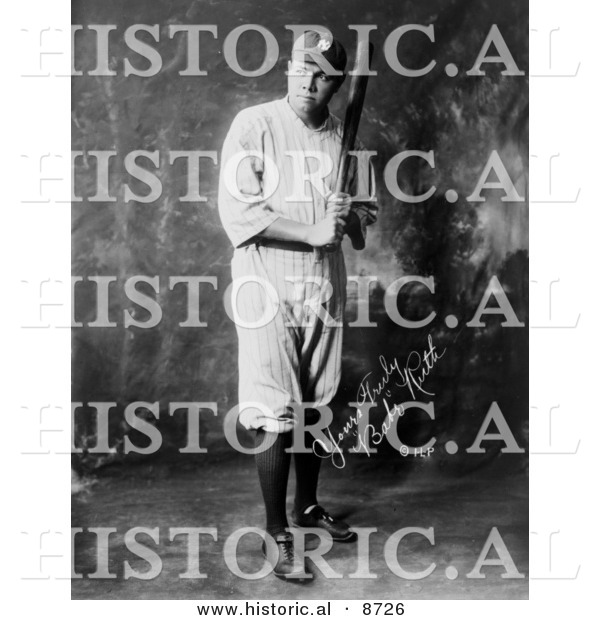 Historical Photo of the Great Bambino, Babe Ruth, Posing with Baseball Bat 1920 - Black and White Version