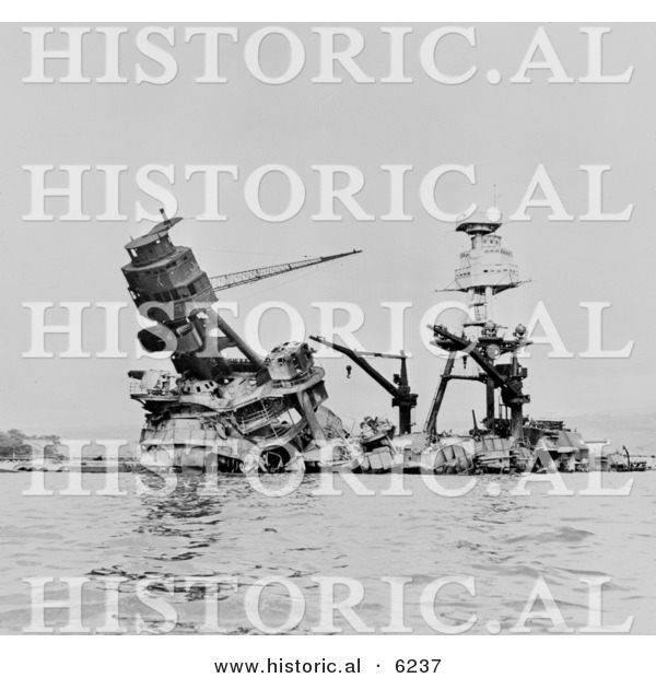 Historical Photo of the Ruins of the USS Arizona Battleship - Black and White Version