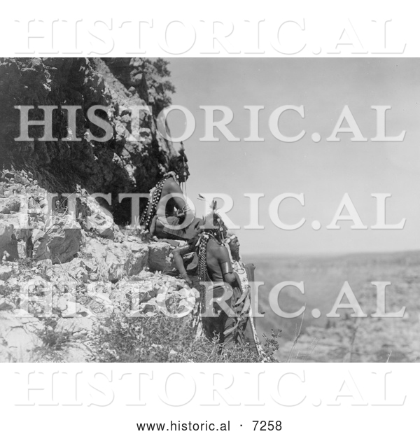 Historical Photo of Three Crow Indians on Rock Ledge 1905 - Black and White
