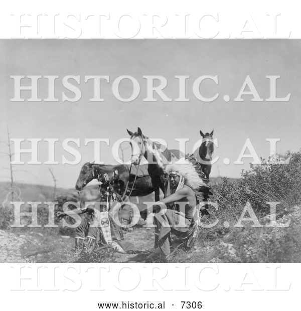 Historical Photo of Three Crow Native Americans and Horses 1905 - Black and White