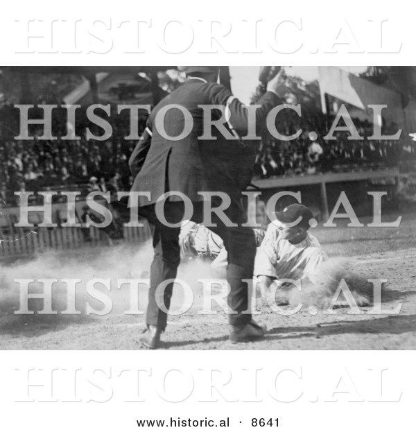 Historical Photo of Umpire Watching As a Baseball Player Slides for Home Plate - Black and White Version