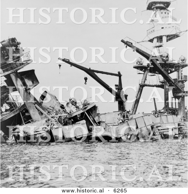 Historical Photo Showing Wreckage of the USS Arizona Battleship During the Attack on Pearl Harbor - Black and White Version