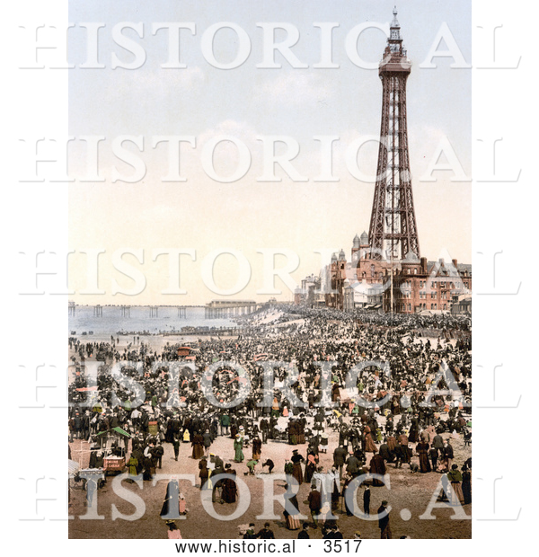 Historical Photochrom of a Busy Beach, North Pier and Royal Hotel near the Tower in Blackpool, Lancashire, England