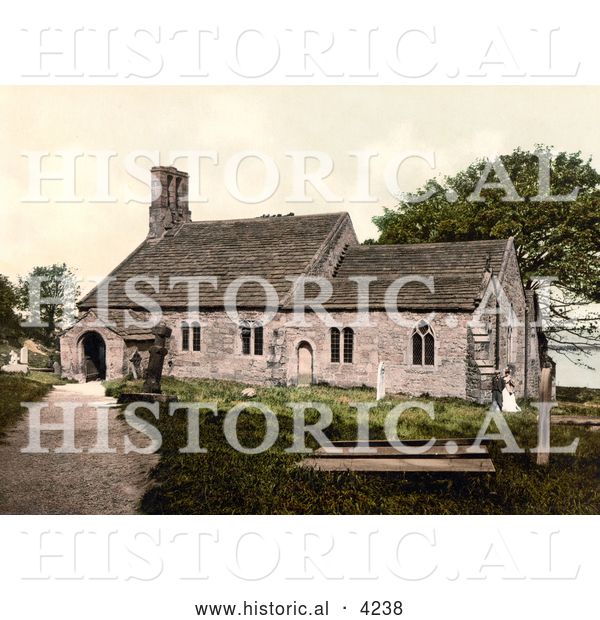 Historical Photochrom of a Couple Standing by the Old St Peter’s Church in Heysham Lancaster Lancashire England UK
