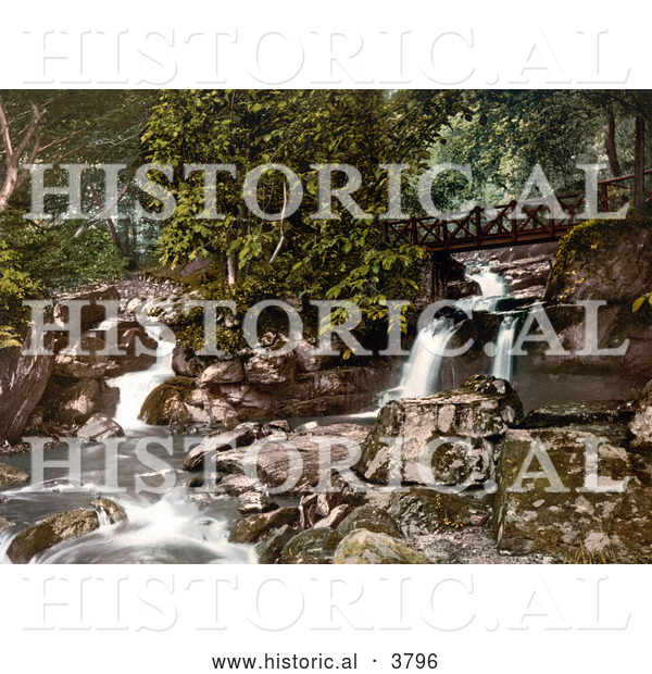 Historical Photochrom of a Footbridge Spanning the Upper Falls Waterfalls in Glen Lyn Gorge in Lynton and Lynmouth Devon England UK