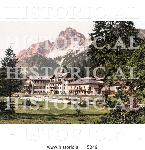 Historical Photochrom of a Hotel Building near Schluderbach and Croda Pass, Croda Rosa, Dolomites, Tyrol, Austria