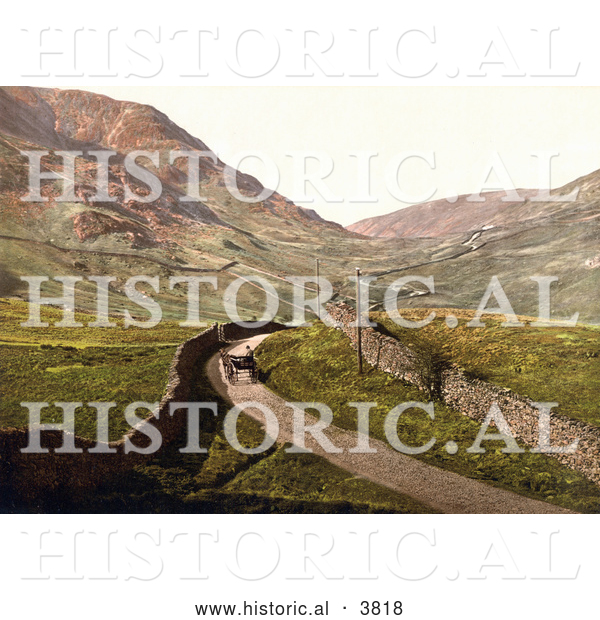 Historical Photochrom of a Man Travelling in a Single Horse Drawn Carriage Along a Road Lined with Stone Walls at Kirkstone Pass Lake District Ambleside Cumbria England UK