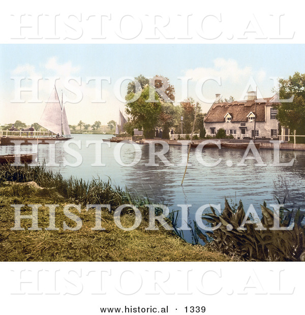 Historical Photochrom of a Sailboat near a Carriage on a Ferry, Crossing the River Bure in Horning Norfolk England