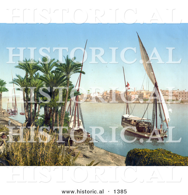 Historical Photochrom of a Sailing Boat on the Nile, Cairo, Egypt