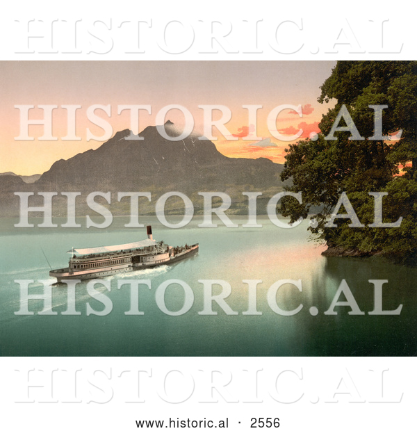 Historical Photochrom of a Ship on Lake Lucerne at Sunset