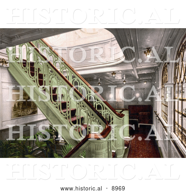 Historical Photochrom of a Staircase on the Konig Albert, North German Lloyd, Royal Mail Steamers