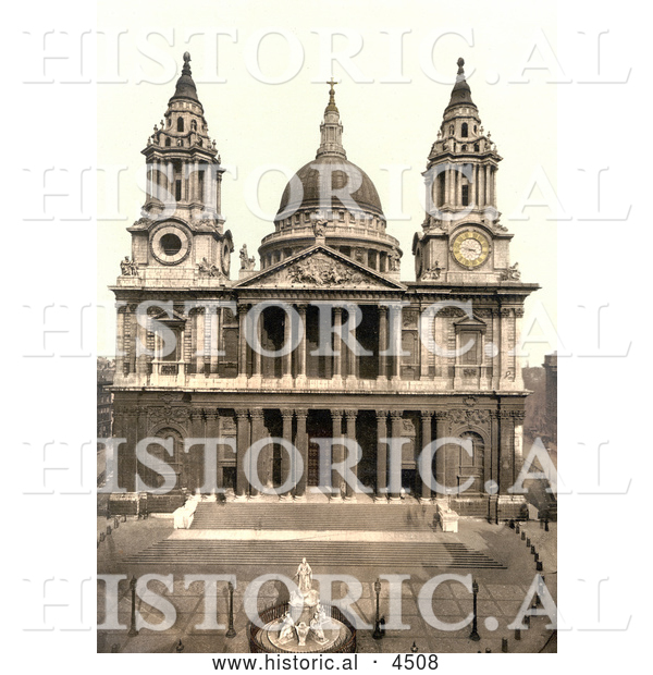Historical Photochrom of a Statue of Queen Anne in Front of the West Side of St Paul’s Cathedral on Ludgate Hill in London, England