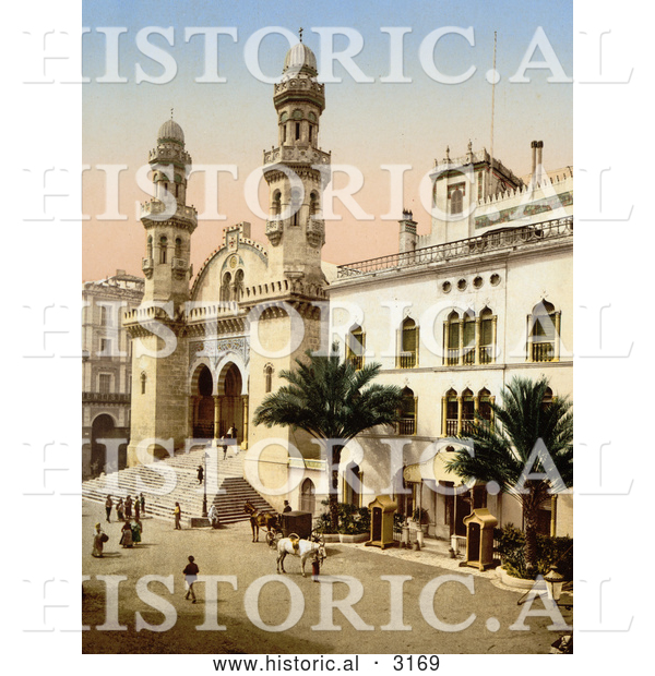 Historical Photochrom of a Steret Scene in Front of the Cathedral, Algiers, Algeria