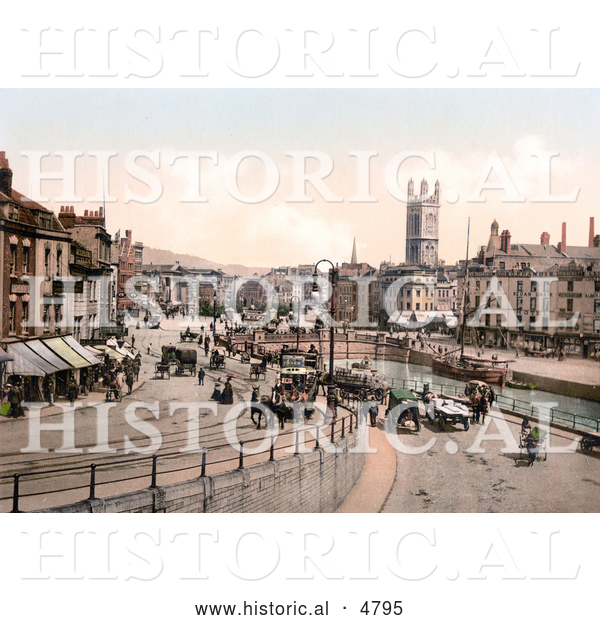 Historical Photochrom of a Street Scene near St. Augustine’s Bridge in Bristol, England