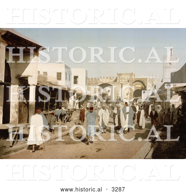 Historical Photochrom of a Street Scene with People in Kairwan, Tunisia
