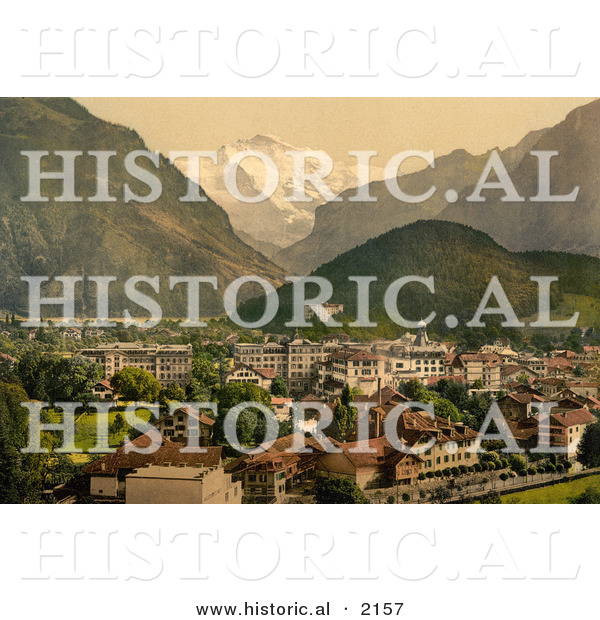 Historical Photochrom of a Town of Interlaken near Jungfrau Mountain