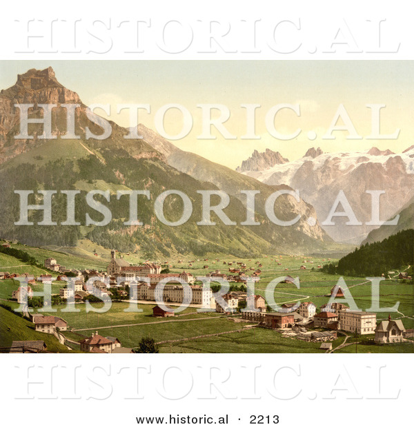 Historical Photochrom of a Village in Engelberg Valley, Switzerland