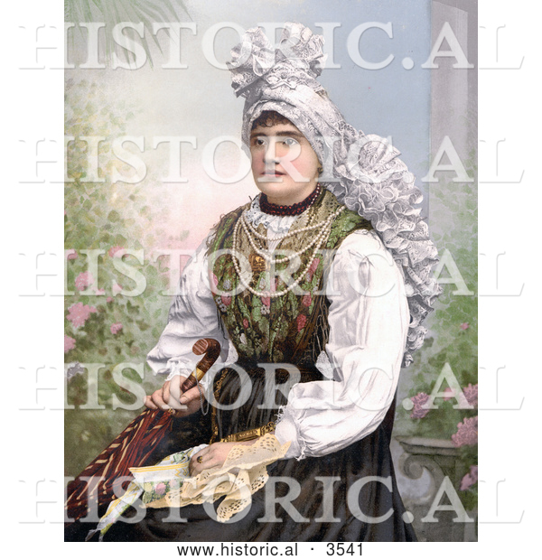 Historical Photochrom of a Woman Seated in Traditional Clothing, Holding an Umbrella, Carniola, Slovenia