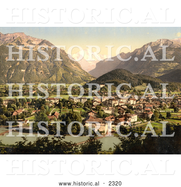 Historical Photochrom of Aare River Running Through Interlaken