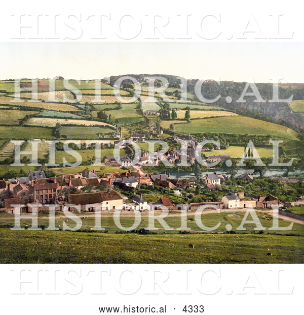 Historical Photochrom of Agricultural Village of Taddiport and the Rolle Canal in Torrington, Devon, England, United Kingdom