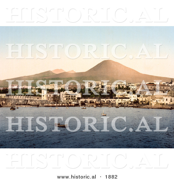 Historical Photochrom of Boats at Naples, Mount Vesuvius in the Background, Italy