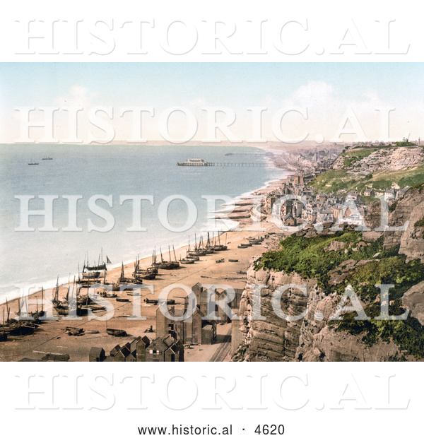 Historical Photochrom of Boats on the Beach and the Coastline of Hastings Sussex England