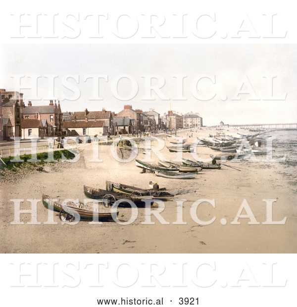 Historical Photochrom of Boats on the Beach, the Esplanade and the Pier in Redcar North Yorkshire England UK