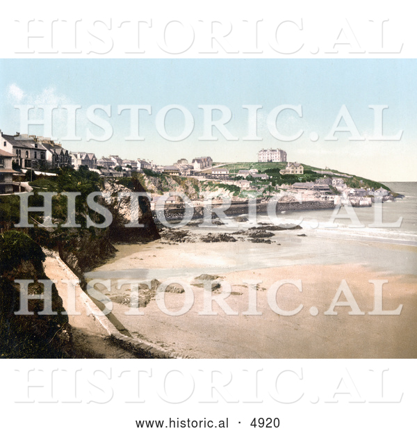 Historical Photochrom of Buildings on the Cliffs Above the Beach in Newquay, Cornwall, England, United Kingdom