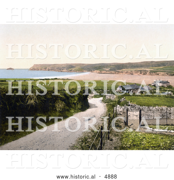 Historical Photochrom of Buildings on the Polzeath Bay in Cornwall, England, United Kindom