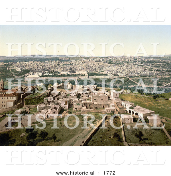 Historical Photochrom of Cityscape View of Jerusalem, Israel