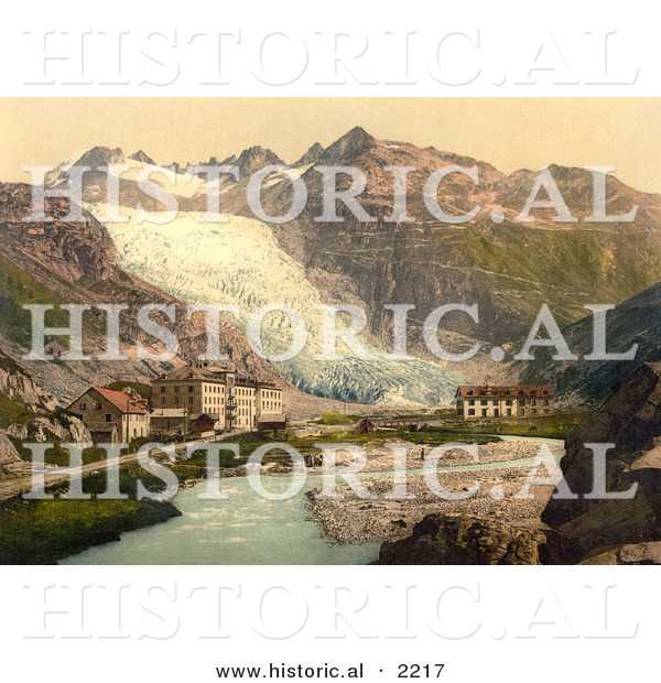Historical Photochrom of Glacier Hotel and Rhone Glacier