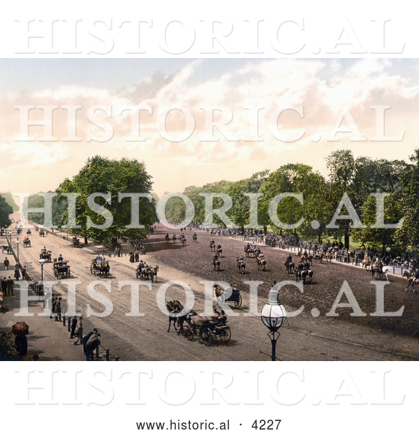 Historical Photochrom of Horse Drawn Carriages and People Riding Horses at Rotten Row in London England