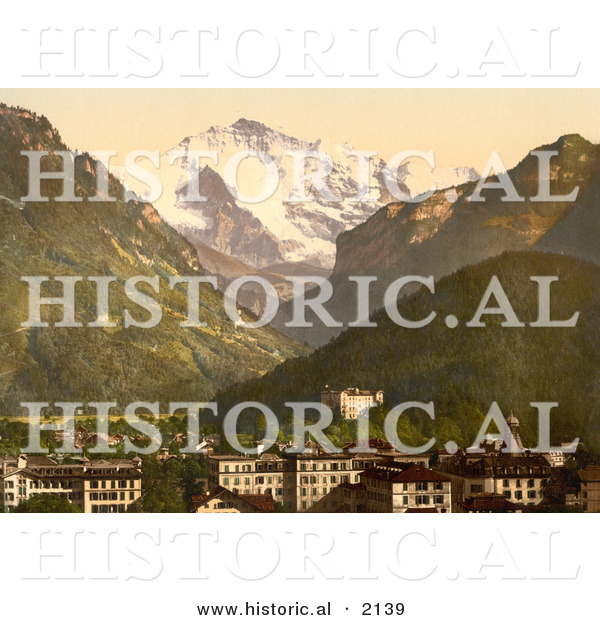 Historical Photochrom of Jungfrau Mountain over Interlaken Switzerland