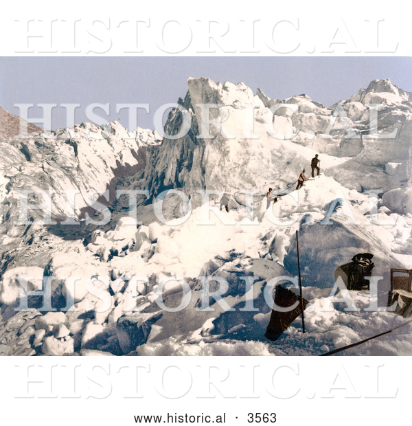 Historical Photochrom of Men Climbing the Mont Pers Glacier, Upper Engadin, Graubunden, Switzerland