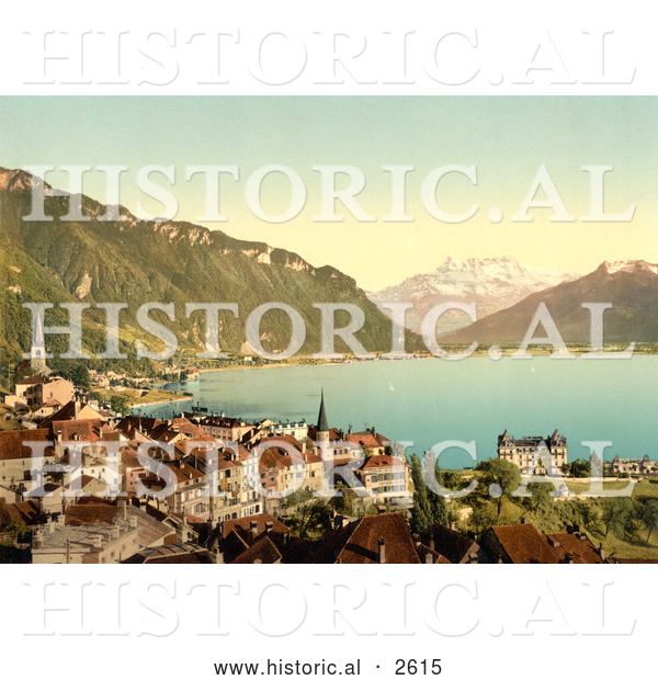 Historical Photochrom of Montreux on the Shore of Geneva Lake, Switzerland