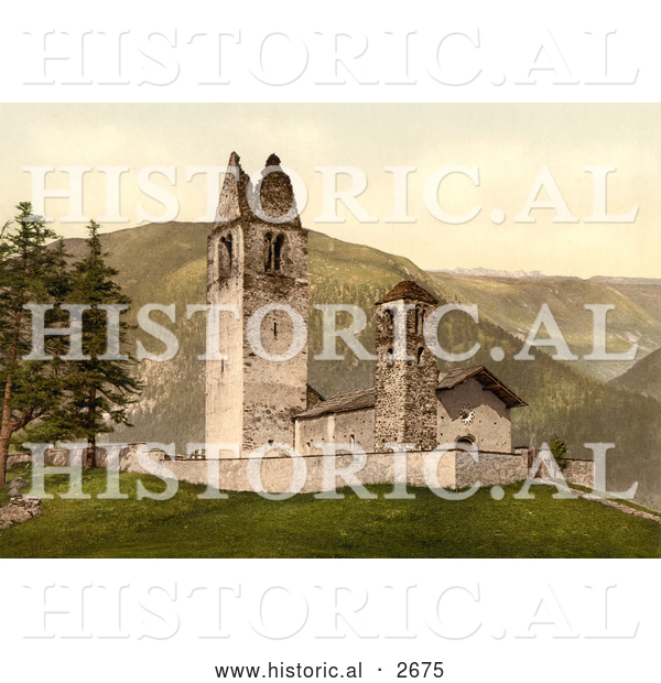 Historical Photochrom of Old Church, Celerina, Schlarigna, Switzerland