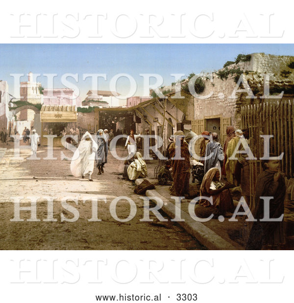 Historical Photochrom of Pedestrians on Marr Street, Tunis, Tunisia in 1899