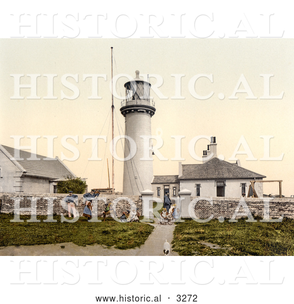 Historical Photochrom of People and a Dog at the Lighthouse on Heligoland, Germany