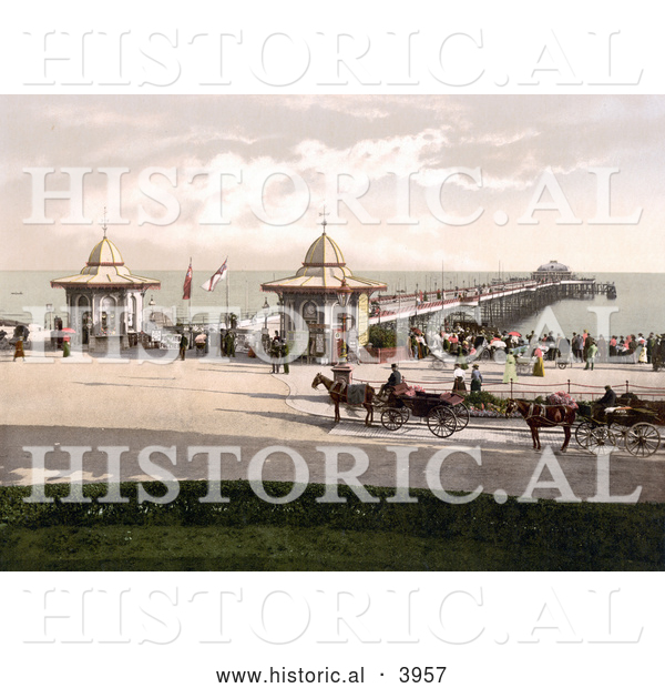Historical Photochrom of People and Carriages at the Worthing Pier in Worthing West Sussex England UK