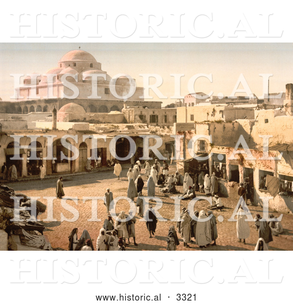 Historical Photochrom of People in Bab Suika-Suker Square, Tunis, Tunisia