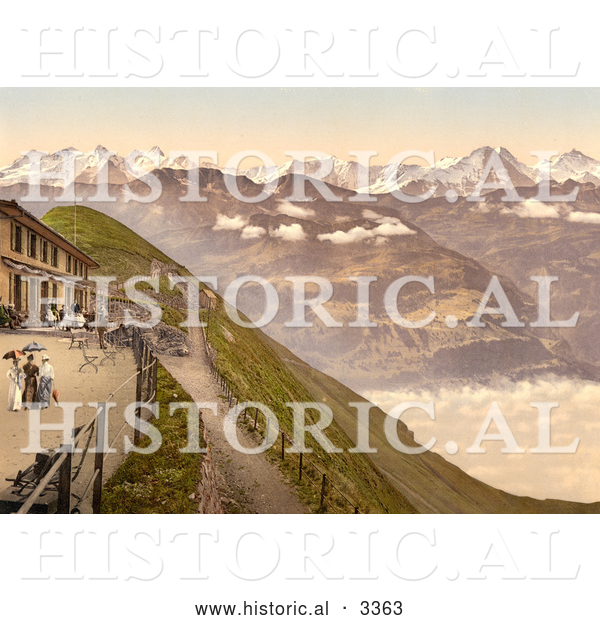 Historical Photochrom of People on a Terrace, View of Brienzer Rothorn Mountain