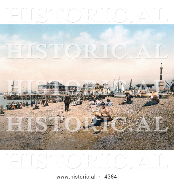 Historical Photochrom of People on the Beach near the Esplanade Hotel in Southsea, Portsmouth, Hampsire, England, UK
