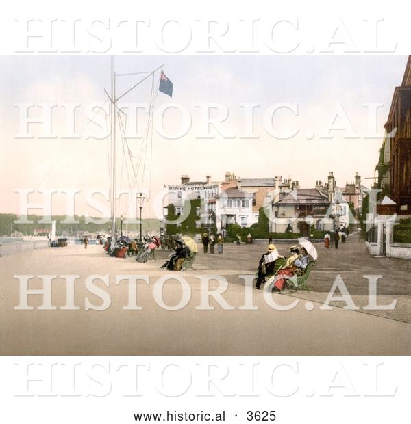 Historical Photochrom of People Sitting on Benches near the Marine Hotel in Cowes Isle of Wight England UK