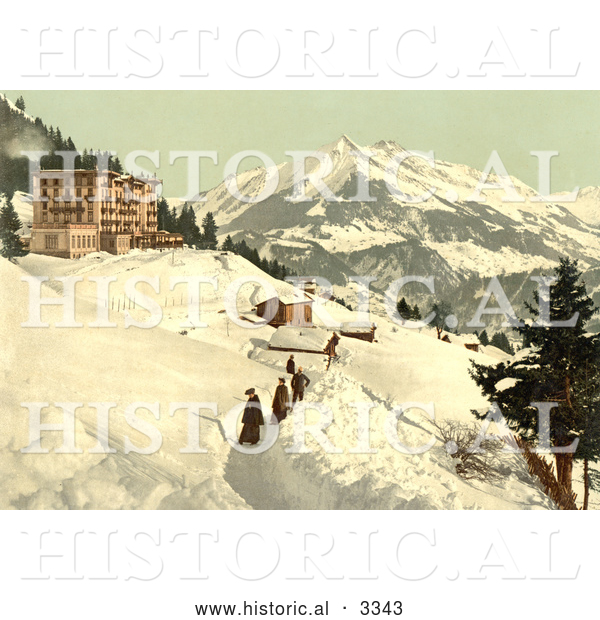 Historical Photochrom of People Walking in a Snow Path, Leysin, Switzerland