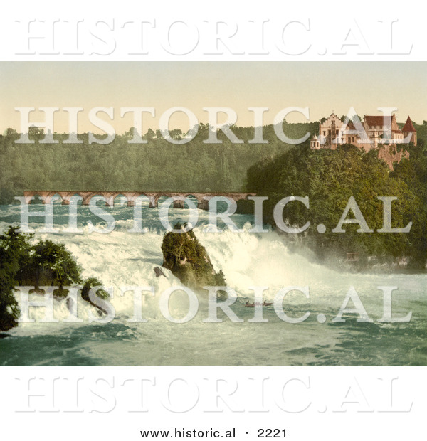 Historical Photochrom of Rhine Falls and Laufen Castle, Switzerland