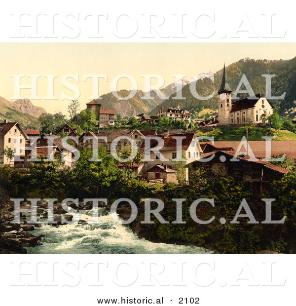 Historical Photochrom of River and Homes in Burglen, Switzerland