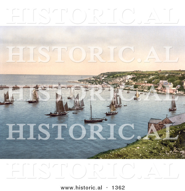 Historical Photochrom of Sailboats in the Harbour at Brixham, Devon, England, United Kingdom