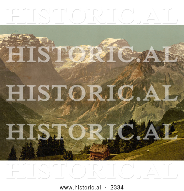 Historical Photochrom of Selbsanft, Piz Urlu, and Todi Mountains, Glarus, Switzer